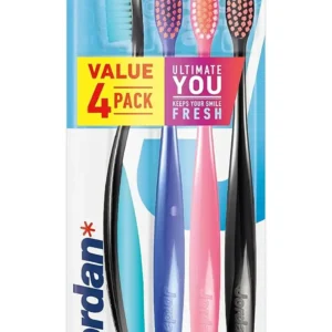 This four-pack of Jordan Ultimate You medium bristle toothbrushes features active tips for reaching back molars and ergonomic handles with rubber grips in assorted fluorescent colors.