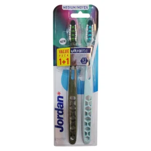 Two Jordan Ultralite medium toothbrushes, designed with a lightweight, Scandinavian design and advanced bristles for superior cleaning.