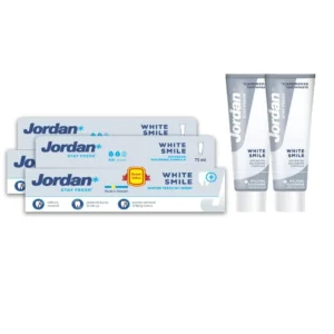 Two tubes of Jordan White Smile toothpaste for stain removal and naturally whiter teeth, gentle on enamel.