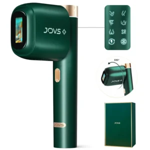 The JOVS laser hair removal device uses IPL technology and sapphire ice-cooling to provide a painless hair removal experience for women and men, also offering skin rejuvenation benefits with its 6 modes and 330° rotating head for full body coverage.