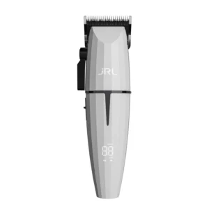 The JRL GHOST professional cordless hair clipper in white features cool blade technology, a fade blade, and comes with a Reset IQ charging dock for extended battery life.