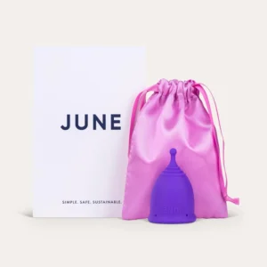 A soft, purple June menstrual cup provides reusable, comfortable, and leak-proof period protection as an eco-friendly alternative to pads and tampons.