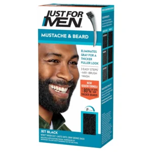 Just For Men Mustache & Beard jet black M-60 beard dye helps men eliminate gray hairs for a thicker, fuller-looking beard, and includes a brush for easy application.
