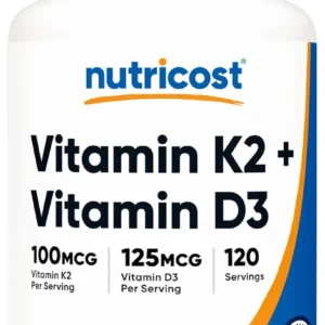 Nutricost Vitamin K2 and D3 supplement with 120 softgels, providing 5000 IU of D3 and 100 mcg of K2 as MK7 per serving; it's non-GMO, gluten-free, and made in a GMP compliant, FDA registered facility.