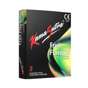 Three-pack of KAMASUTRA fruit flavored condoms for heightened pleasure and exciting sensations.