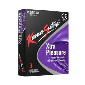 This image shows a 3-pack of KAMASUTRA Condoms Xtra Pleasure, designed with an oversize tip and fitted shaft for heightened sensitivity and pleasure.