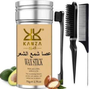 Kanza hair wax stick provides a strong hold and bright shine for all hair types, easily removed by combing and includes an edge control brush set for styling.