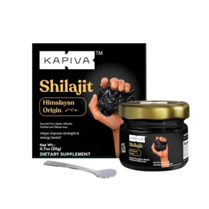 Kapiva Himalayan Shilajit resin helps to boost energy levels and revitalize the body, enriched with fulvic acid for antioxidant benefits.