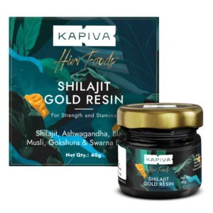 Kapiva Shilajit Gold resin combines Himalayan shilajit, swarna bhasma, and Ayurvedic herbs to increase strength, stamina, and energy levels.