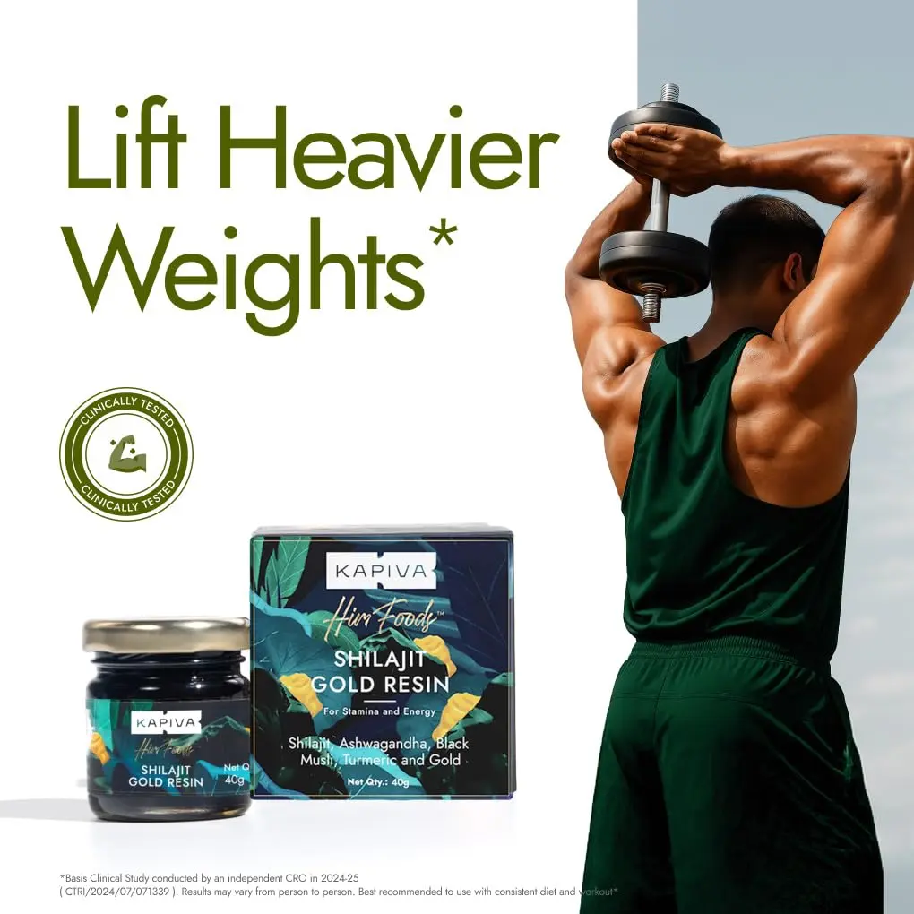 Kapiva Shilajit Gold resin combines Himalayan shilajit, swarna bhasma, and Ayurvedic herbs to increase strength, stamina, and energy levels.