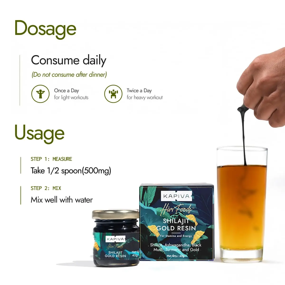 Kapiva Shilajit Gold resin combines Himalayan shilajit, swarna bhasma, and Ayurvedic herbs to increase strength, stamina, and energy levels.