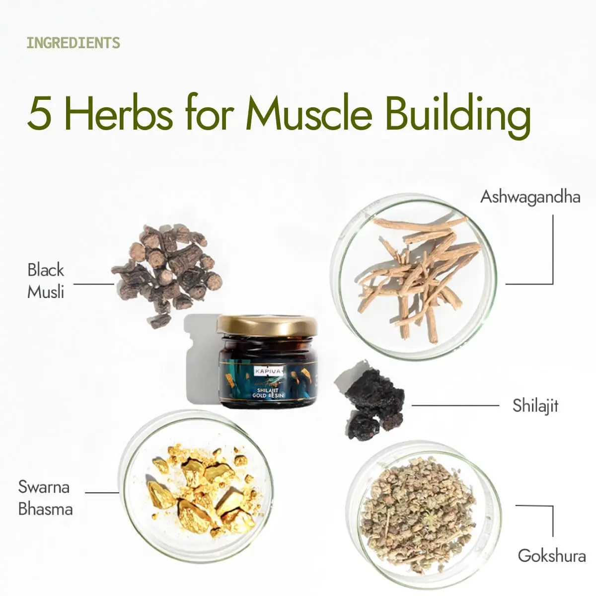 Kapiva Shilajit Gold resin combines Himalayan shilajit, swarna bhasma, and Ayurvedic herbs to increase strength, stamina, and energy levels.