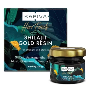 This is a jar of Kapiva Shilajit Gold Resin, a 100% Ayurvedic supplement with swarna bhasma, ashwagandha and fulvic acid designed to boost stamina, muscle recovery, reduce stress, and improve sleep.