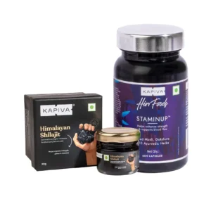 Kapiva Shilajit 20G combined with StaminUp Capsules, featuring a potent blend of 17 herbs and 4 bhasmas like Safed Musli and Gokshura for enhanced vitality.