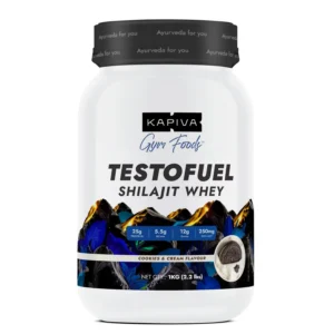 Kapiva TestoFuel whey protein powder with shilajit and Digezyme for faster muscle recovery and increased athletic performance.