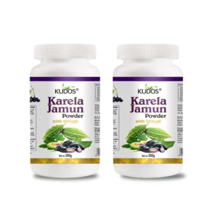 Two packs of Kudos Karela Jamun Powder with Shilajit, a 100% natural Ayurvedic supplement to help control blood glucose, blood pressure, and improve overall health.