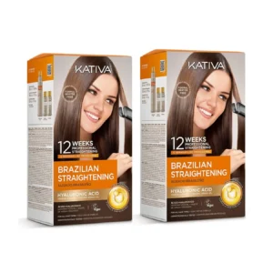 KATIVA Brazilian Straightening kit with Glyoxylic and Vegetable Keratin straightens hair for up to 10 weeks without formaldehyde.