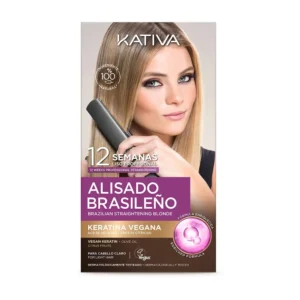 Kativa Brazilian straightening kit with vegan keratin, olive oil and citrus, designed for easy at-home use and lasting up to 12 weeks.