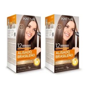 This Kativa Brazilian straightening kit with hyaluronic acid and vegetable keratin offers a vegan, homemade smooth colour treatment for professional-looking, shiny and soft hair that lasts up to 12 weeks.