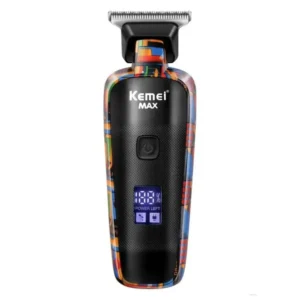 Kemei KM-MAX5090 cordless electric hair clippers for men with carbon steel blades and LCD display, requiring batteries.