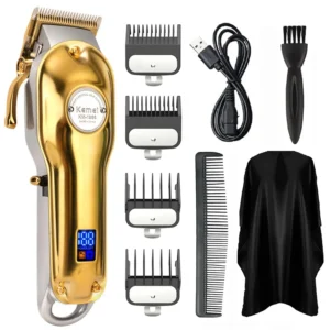 This KEMEI golden hair clipper features a full metal housing, adjustable taper lever, USB charging, titanium and ceramic blades for professional haircuts.