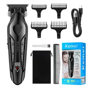 The KEMEI KM-2269 cordless hair clipper kit features a powerful motor, long-lasting battery, LCD display, and includes a zero-gapped T blade trimmer for professional grooming and precise beard trimming.