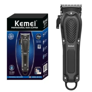 This is a Kemei KM-1071 electric hair clipper featuring stainless steel blades, taper lever, multiple limit combs, USB charging, and an adjustable regulator for precise beard and hair trimming.