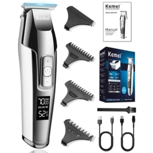 KEMEI cordless electric hair clipper and beard trimmer with LCD display, designed for a comfortable grip, powerful cutting, and easy cleaning.