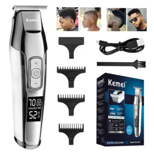 Kemei KM-5027 cordless hair clipper and beard trimmer for men, featuring a zero-gapped T blade and LCD display showing battery life, perfect for home or professional barber use.