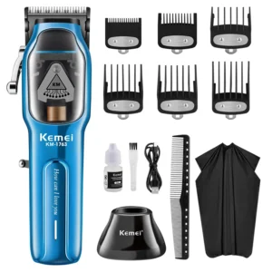 The Kemei KM-1763 hair clipper kit provides men with a professional-grade, quiet, and adjustable cordless option for at-home haircuts and beard trimming.