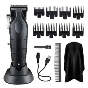 Kemei professional cordless hair clippers for men with a charging base and included guide combs for various haircut lengths.