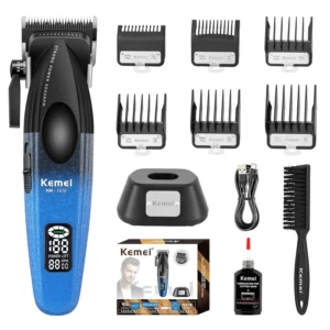 The KEMEI 1670 cordless hair clippers for men features an LED display and comes with a charging base and multiple guide combs for achieving a professional haircut.