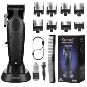 The Kemei 2296 professional hair clipper features sharp stainless steel T-blades for precise and quiet at-home haircuts and beard trimming.