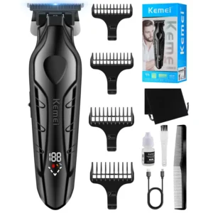 The KEMEI 2269 hair trimmer features precision powder metallurgy blades, a T blade zero gap design, and comes with multiple limit combs for professional haircuts.