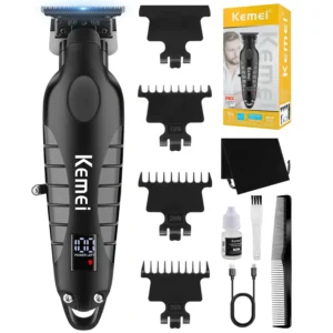 This cordless Kemei hair clipper features a zero gapped T-blade, LED display, and comes with guide combs for trimming hair and beard.