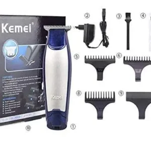 Close-up of the Kemei KM-5021 hair trimmer, a 3-in-1 rechargeable baldheaded hair clipper with a USB charging cable.