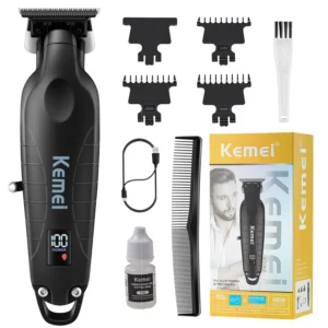 The KEMEI hair trimmer provides a close, zero-gapped cut with its T-blade, offering a professional haircutting experience for men at home.