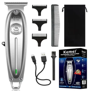 The KEMEI professional cordless hair trimmer features a sharp T-blade, a 70th anniversary logo, and comes with guide combs for achieving various hairstyles.