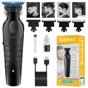 This KEMEI professional hair trimmer provides precise cuts with DLC carbon steel blades and includes guide combs for achieving various styles, perfect for fades, beard grooming, and artistic carving.