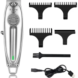 This Kemei KM-1949 professional hair clipper in silver provides a close cut with its carbon-steel T-blade and powerful motor, and offers 90 minutes of cordless runtime.