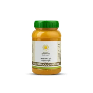 This is a 150 ml bottle of Kerala Ayurveda Kalyanaka Ghritham, a herbal and natural blend that helps with brain function, memory, speech disorders, and mental well-being.