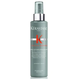 Kérastase Genesis Homme thickening force spray adds volume and texture to men's weakened hair, increasing hair diameter and mass for a fuller look.
