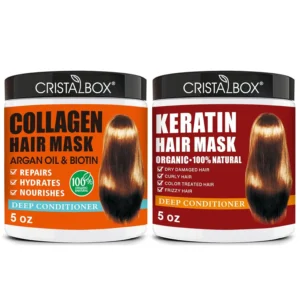 This set includes a keratin hair mask and collagen hair mask formulated with argan oil to deeply hydrate and repair dry, damaged hair, restoring shine and manageability.