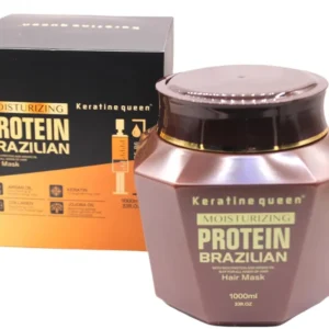 A large container of keratin hair mask designed to deeply moisturize, repair, and strengthen dry and damaged hair with argan oil, collagen, and jojoba oil.