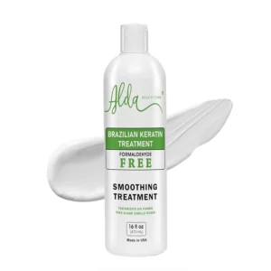 Alda Beauty Care formaldehyde-free keratin smoothing treatment with argan and jojoba oil for taming frizzy and curly hair.