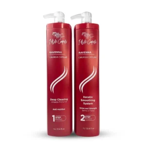 Two large bottles of I Belli Capelli Ravenna keratin hair treatment and clarifying shampoo for long-lasting hair straightening and frizz reduction.