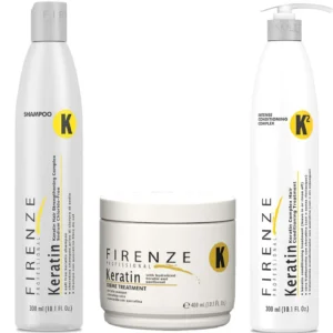 Firenze Professional Keratin Care Bundle includes keratin shampoo, conditioner and mask for extremely damaged, thick, coarse and frizzy hair needing straightening or smoothing treatments, shown with a free red gift bag.