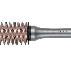 The Remington Keratin Protect Hair Iron Brush, manufactured by SUPER MICRO, is designed to create volume and smooth hair.