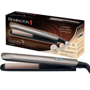 Channel gold brown Remington Keratin Protect hair straightener with ceramic coating and five temperature settings up to 230 degrees Celsius.