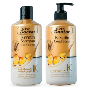 Keratin shampoo and conditioner set for hair treatment, formulated without sulfates or parabens, ideal for dry, damaged, or color-treated hair, promoting moisturizing and smoothing for all hair types.
